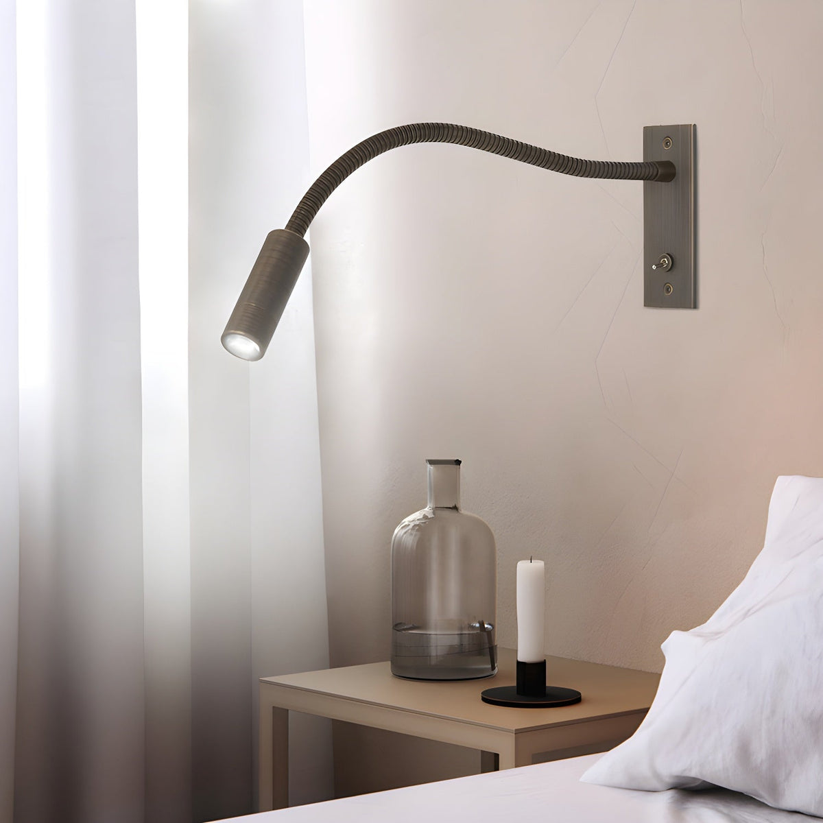 Adjustable Gooseneck LED Reading Wall Light / W 13.8″ x H 4.7″ / Sand Nickel / Warm Light