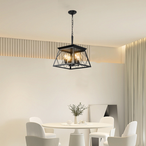 Four-Light Black Farmhouse Cage Chandelier / Black