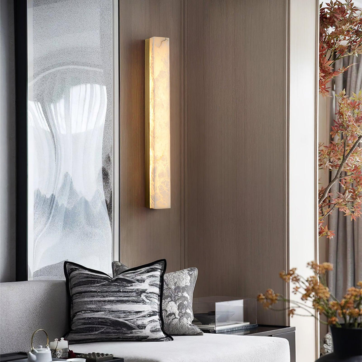 Linear Alabaster Brass LED Wall Light / ∅ 2.4″ x H 23.6″ / Dia 6cm x H 60cm / Black & White / Warm Light