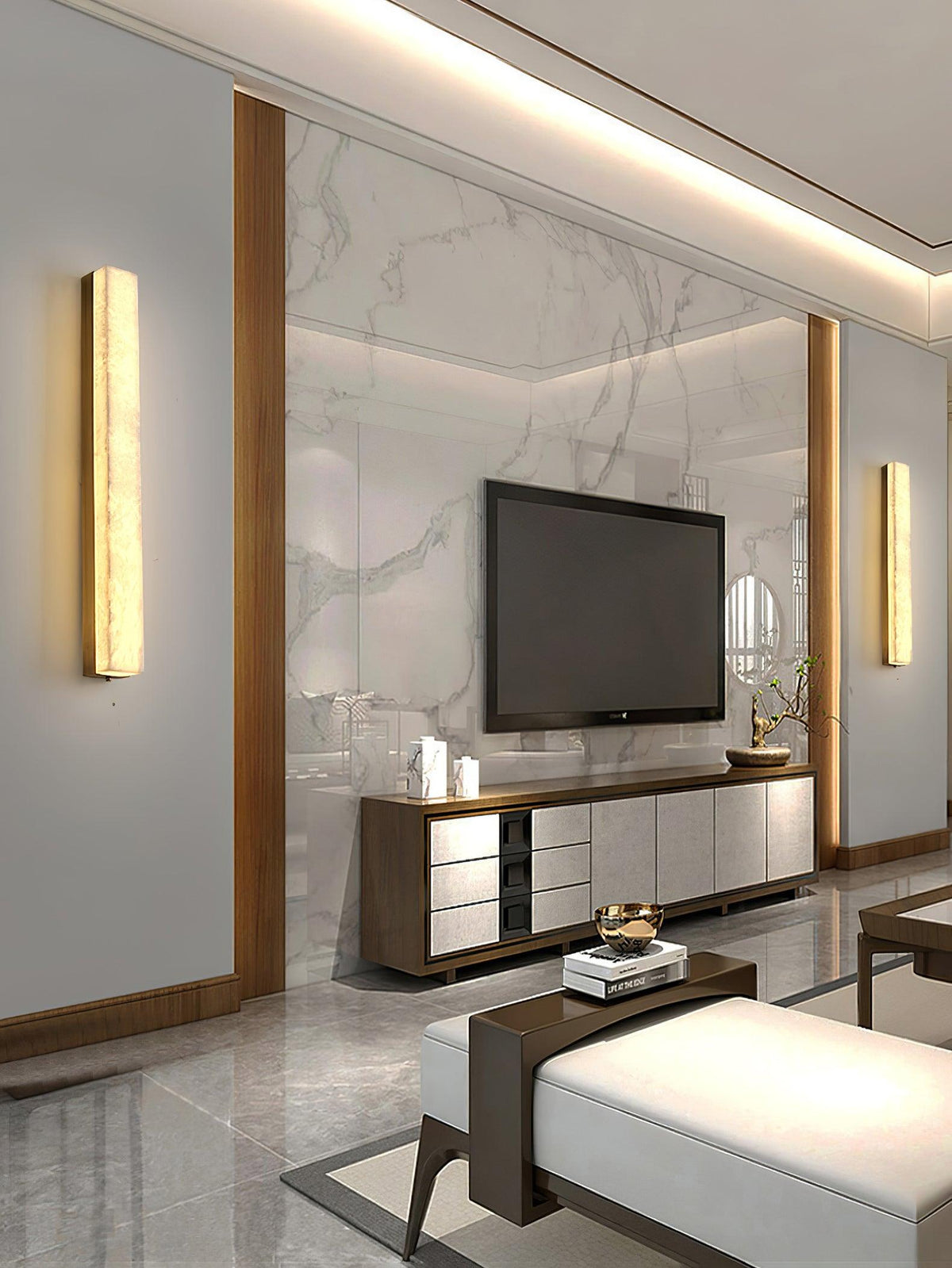 Linear Alabaster Brass LED Wall Light / ∅ 2.4″ x H 39.4″ / Dia 6cm x H 100cm / Black & White / Warm Light