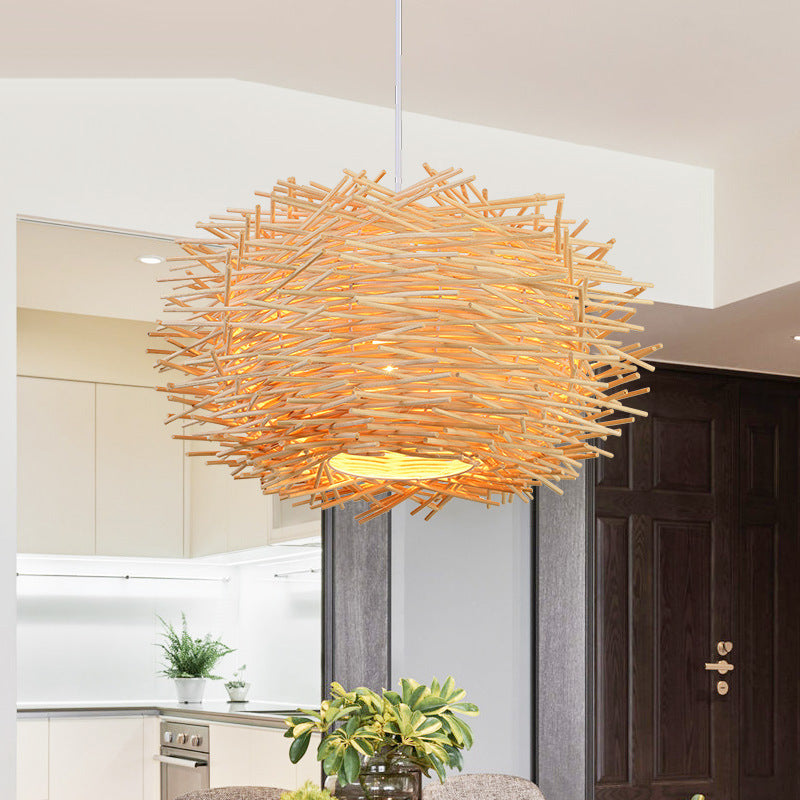 Rattan Straw Hat Pendant Light / Wood color / 30cm