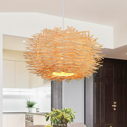 Rattan Straw Hat Pendant Light / Wood color / 30cm