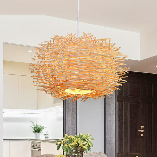 Rattan Straw Hat Pendant Light / Wood color / 30cm