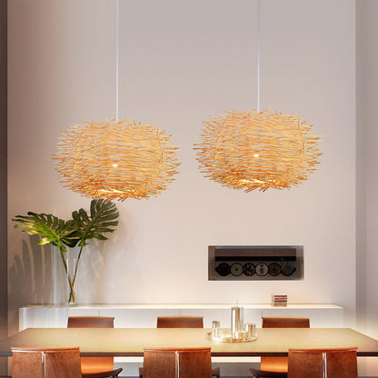 Rattan Straw Hat Pendant Light / Coffee color / 30cm