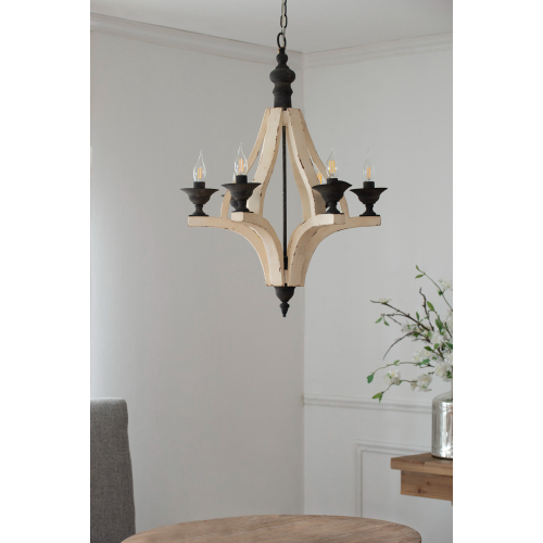 Six-Light Distressed Wood Chandelier / Cream
